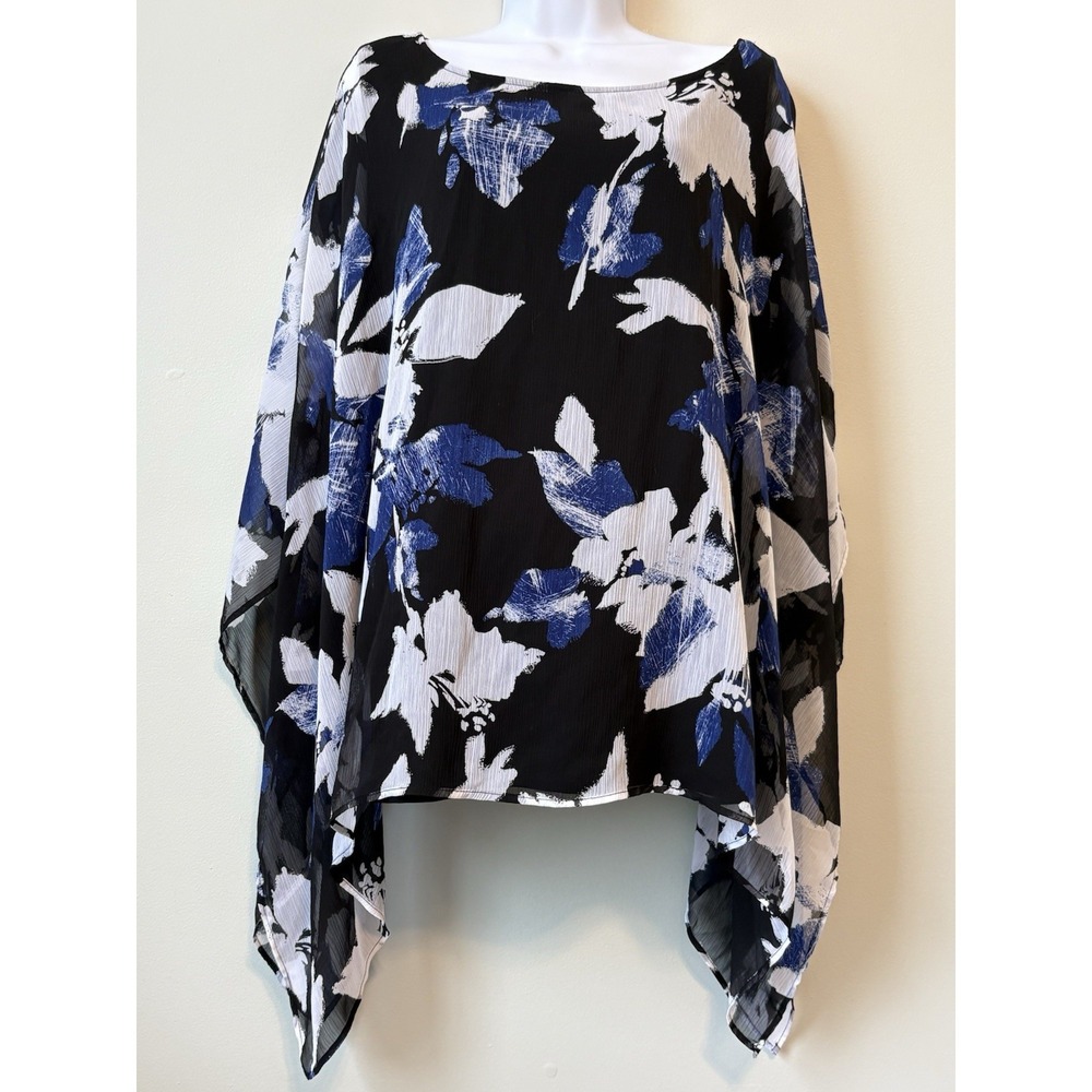 Chico's Black Blue White Floral Asymmetrical Hem Tunic Sleeveless Size 4